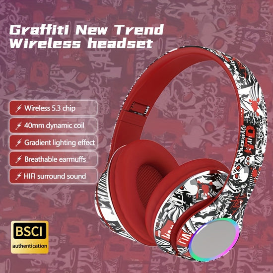 Graffiti Designed Headphones - Foldable Hi-Fi Stereo Headphones with Soft Ear Cushions, Wireless Connectivity, Volume Control, Type-C, Compatible with Phones/Computers, Not, Made of Plastic, Suitable for Djing, Recording, And