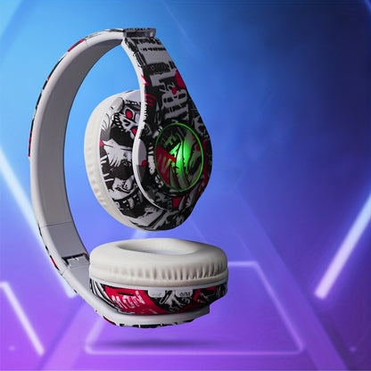 Graffiti-Style Wireless Over-Ear Headphones with Trendy Lighting Effects, Supporting Card Insertion, Wired And Wireless Functions, Comes with a TYPE-C Charging Cable And a 3.5Mm Audio Cable, Featuring Cool Lighting