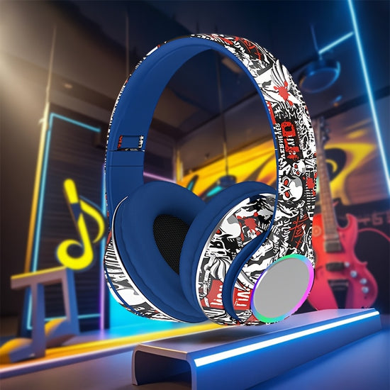 Graffiti Designed Headphones - Foldable Hi-Fi Stereo Headphones with Soft Ear Cushions, Wireless Connectivity, Volume Control, Type-C, Compatible with Phones/Computers, Not, Made of Plastic, Suitable for Djing, Recording, And