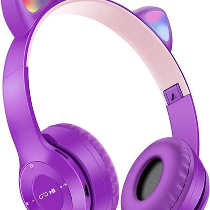 Ear Kids Headphones | Wireless 5.0 Wireless Foldable Over-Ear Headphones with Mic Light, Compatible with Smartphone, Pad, Laptop, Purple