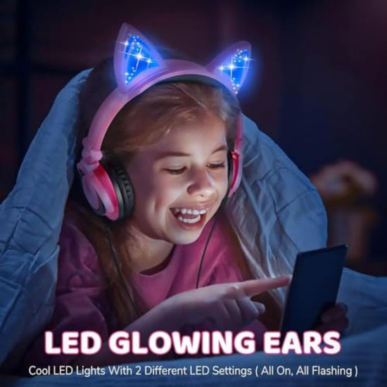 Aputue Cat Ear Headphones with LED Light Up Kitten Ears, Wired Headset with 85dB Volume Limiter, Adjustable Kitty Ear Earphones for Girls & Boys, Compatible for Tablet, PC, Smartphone